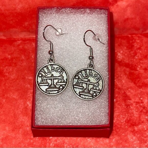 LIBRA IRON & SILVER DOUBLE SIDED ZODIAC DROP EARRINGS - Picture 1 of 5
